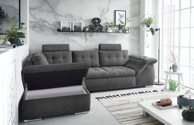 ED EXCITING DESIGN L-Hoekbank "Oman" antraciet chaise longue links met bedfunctie, bedkast, armleuningverstelling en hoofdsteunen