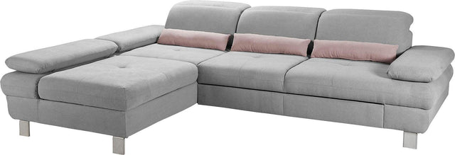Places of Style L-Hoekbank "Nyon" grijs chaise longue rechts met slaapbank & hoofdbord- en armleuningverstelling