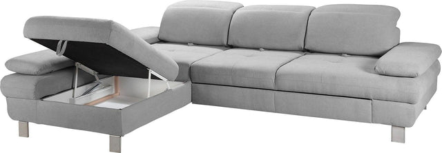 Places of Style L-Hoekbank "Nyon" grijs chaise longue rechts met slaapbank & hoofdbord- en armleuningverstelling