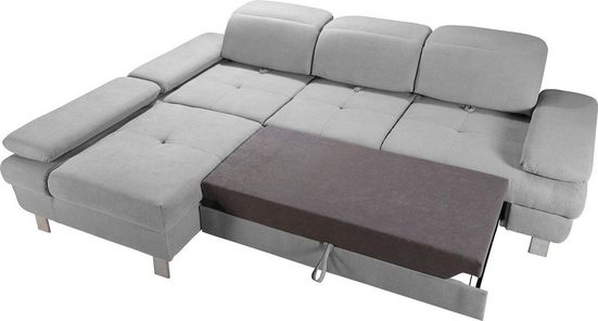 Places of Style L-Hoekbank "Nyon" grijs chaise longue rechts met slaapbank & hoofdbord- en armleuningverstelling