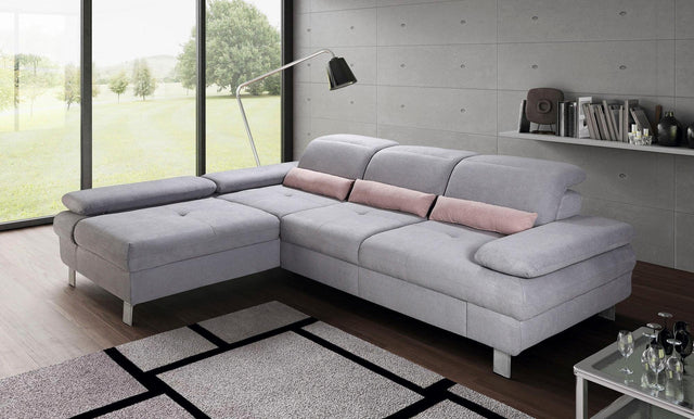 Places of Style L-Hoekbank "Nyon" grijs chaise longue rechts met slaapbank & hoofdbord- en armleuningverstelling