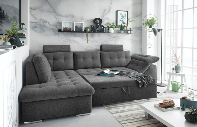 ED EXCITING DESIGN L-Hoekbank "Oman" antraciet chaise longue links met bedfunctie, bedkast, armleuningverstelling en hoofdsteunen