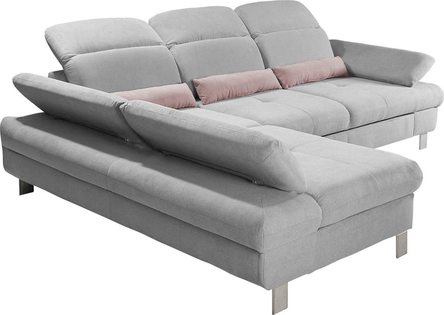 Places of Style L-Hoekbank "Nyon" grijs chaise longue rechts met slaapbank & hoofdbord- en armleuningverstelling