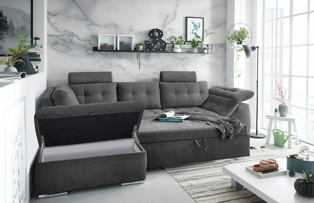 ED EXCITING DESIGN L-Hoekbank "Oman" antraciet chaise longue links met bedfunctie, bedkast, armleuningverstelling en hoofdsteunen