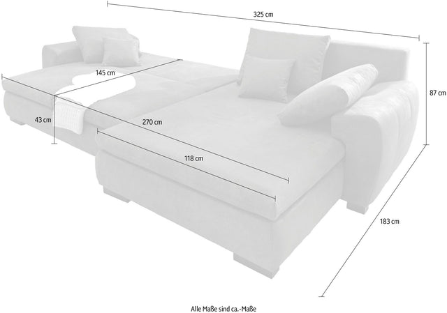 Home affaire L-corner sofa "Cara Mia" gray chaise longue right with bed function 