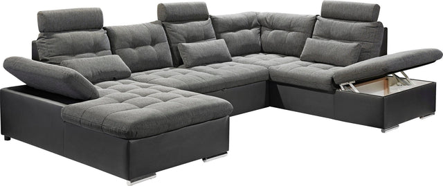 ED EXCITING DESIGN U-corner sofa "Jakarta" black chaise longue right with bed function and storage space