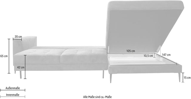 TRENDMANUFAKTUR L-Corner sofa "Luzi" khaki chaise longue right with bed function and storage space