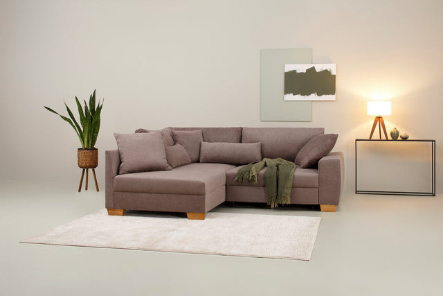 Home affaire L-corner sofa "Kerstin" brown chaise longue left with footstool and innerspring