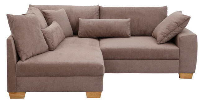 Home affaire L-corner sofa "Kerstin" brown chaise longue left with footstool and innerspring